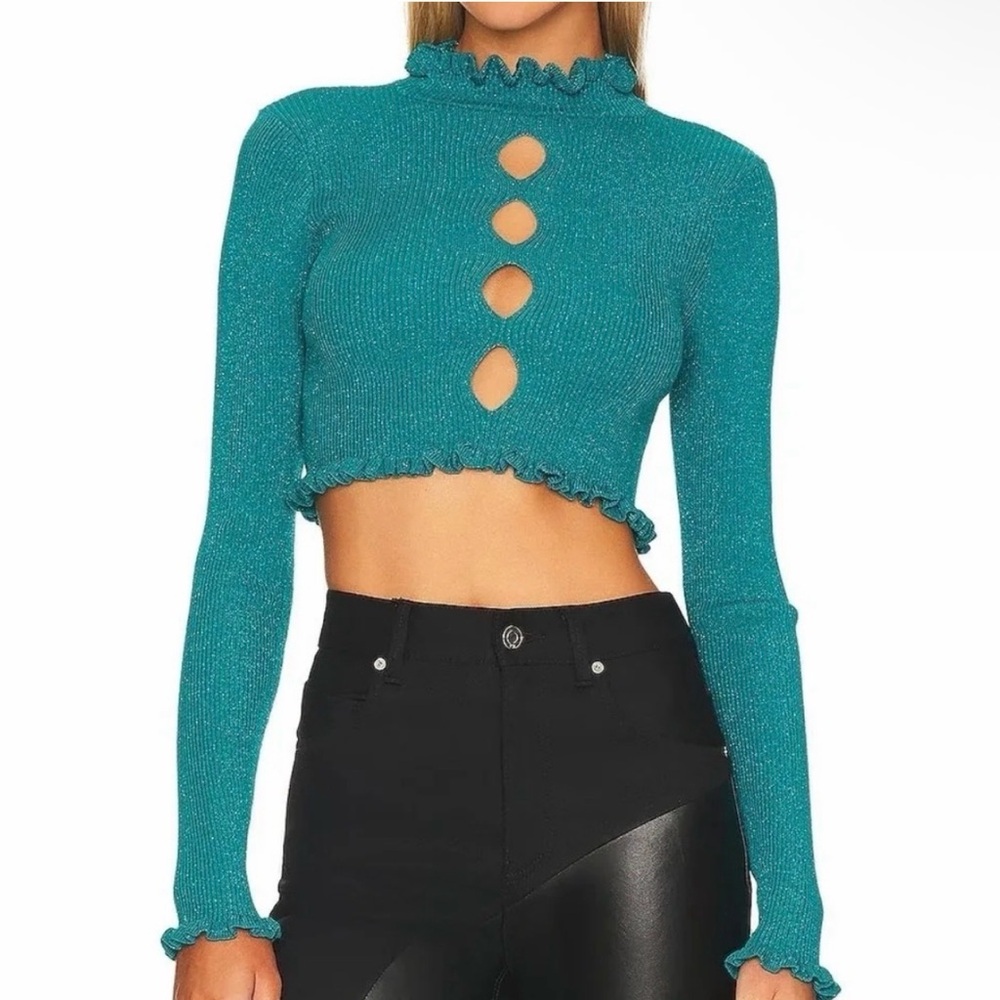 For Love And Lemons Teal Metallic Ruffle Knit Long Sleeve Top Medium